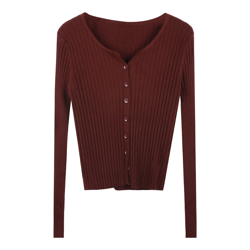 Brown ribbed sweater with buttons on a white background