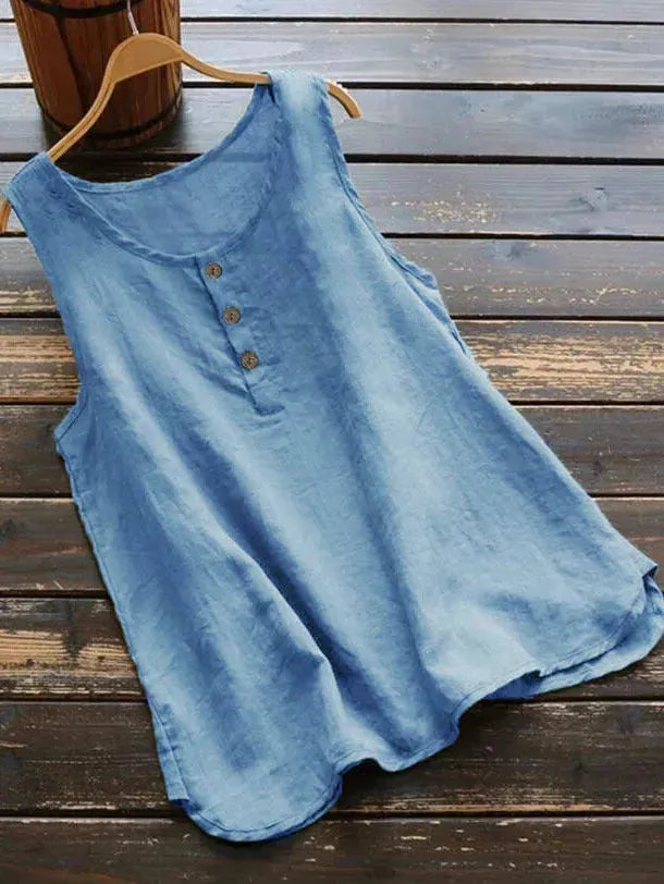 Solid Color Round Neck Loose Casual Vest Cotton Linen summer blouse top for Women - EX-STOCK CANADA