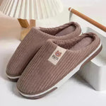 Solid Color Striped Slippers For Women Thick-soled Anti-slip Indoor Warm Plush Home Shoes Couple Women Men Slipper Winter - EX-STOCK CANADA