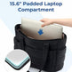 Black backpack with a 15.6" padded laptop compartment, showing a hand placing a laptop inside.