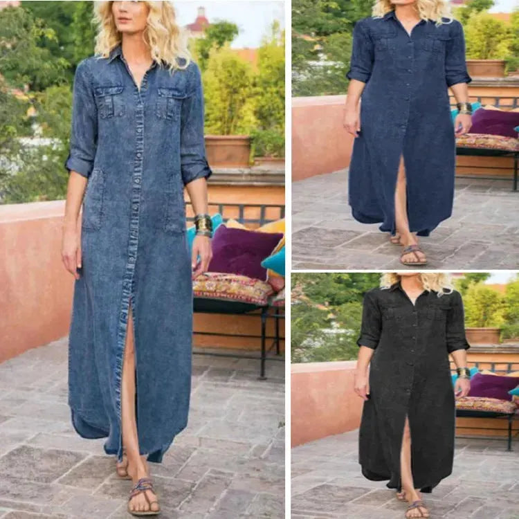 Summer New Women's Loose Solid Color Casual Single-breasted Denim Dress - EX-STOCK CANADA