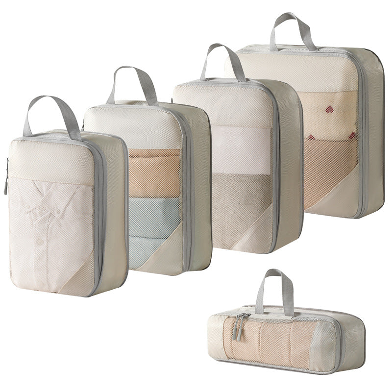 Beige travel mesh storage bags – lightweight luggage organizer set
