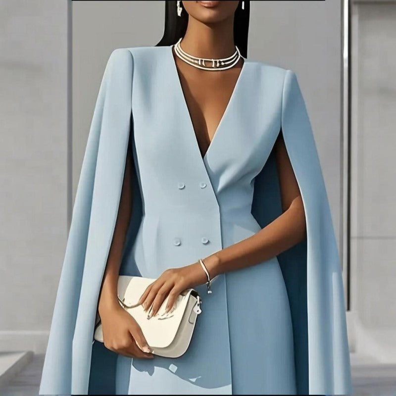 Women's Elegant Solid Color V Neck Double-Breasted Cape Blazer Dress Spring & Summer Party Banquet Outfit EX-STOCK