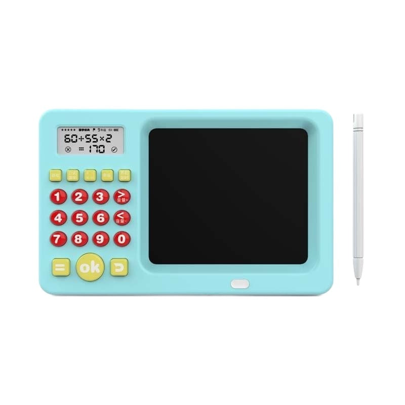 Educational toy with calculator and writing pad on a white background