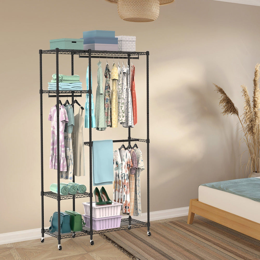 1Pc 4 Tier Heavy Duty Garment Rack With Wheels Carbon Steel Clothing Rack Portable Wardrobe Clothes Rack With 3 Hanging Rods 6 Footrests 44.9x17.13x77.95in EX-STOCK