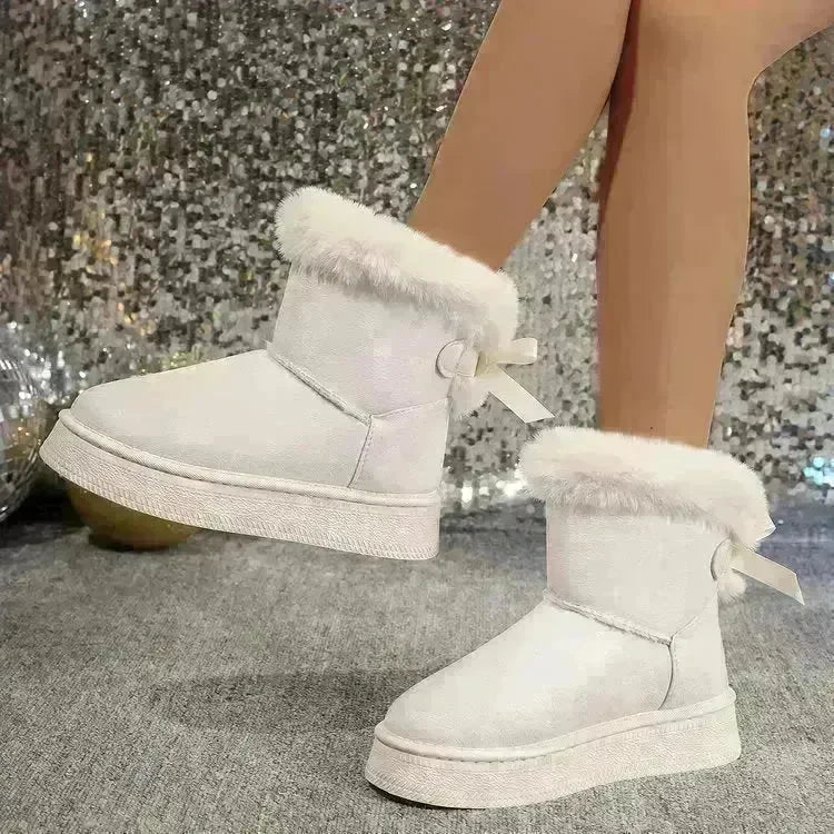 Winter Snow Boots With Bowknot Fashion Round Toe Flat Thickened Suede Cotton Shoes For Women Casual Warm Plush Short Boot - EX-STOCK CANADA