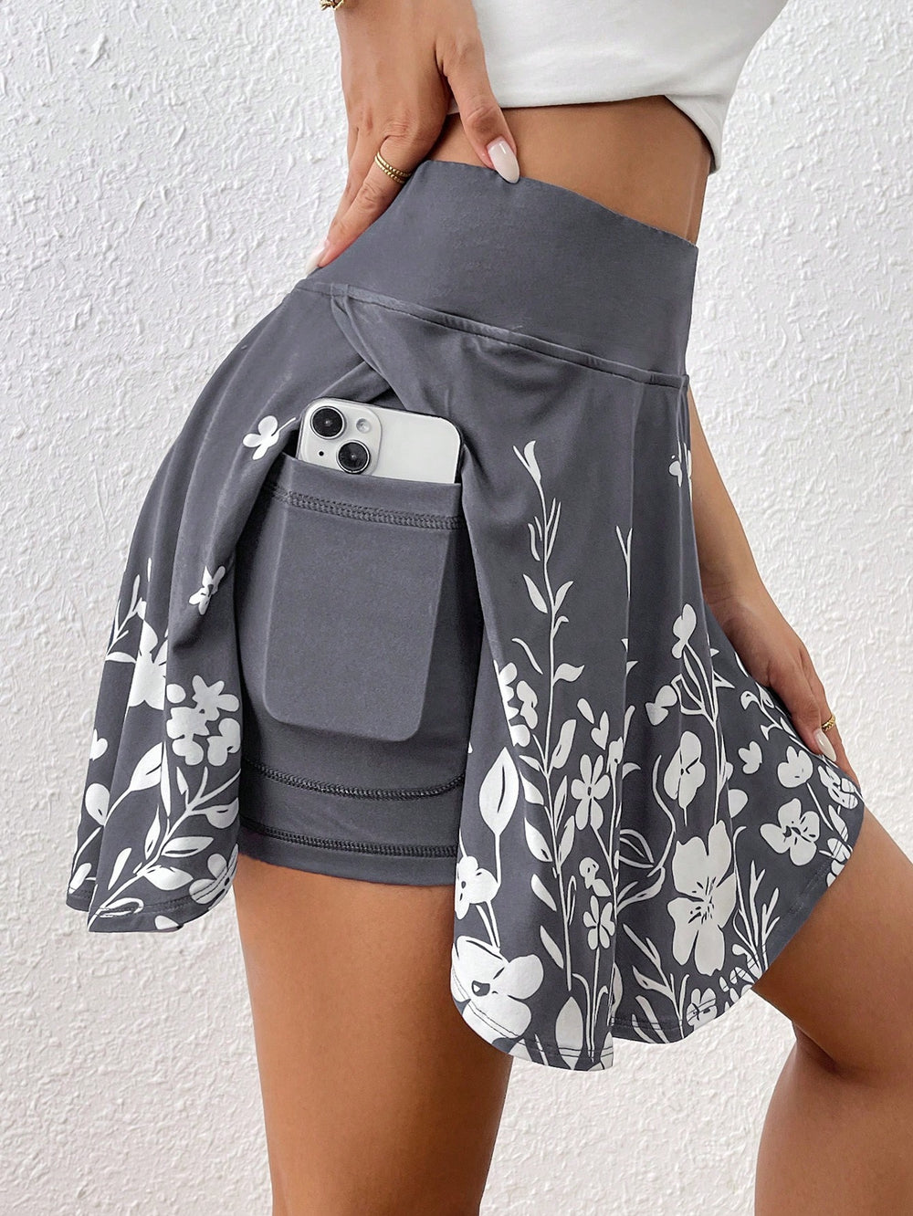 Grey Women's Floral High-Waist Skort – Built-In Shorts, Pockets, 8 Colours | XS–XXL
