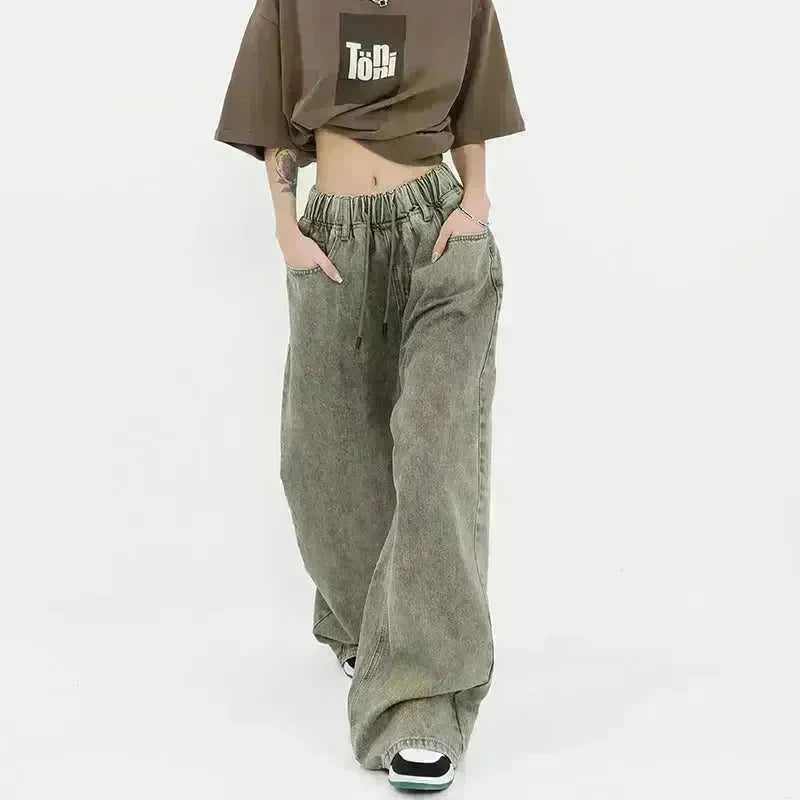 Retro Worn Looking Washed-out Drawstring Baggy Jeans Pant For Women - EX-STOCK CANADA
