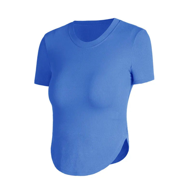 Rib Sports Short-sleeved Blouse With Chest Pad Workout Clothes Running T-shirt Beauty Back Tight - EX-STOCK CANADA