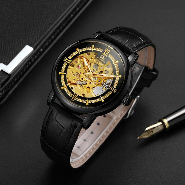 Orologio Meccanico Maschile a Scheletro, Orologio da Vestito con Quadrante Scheletrato in Oro, Argento e Nero