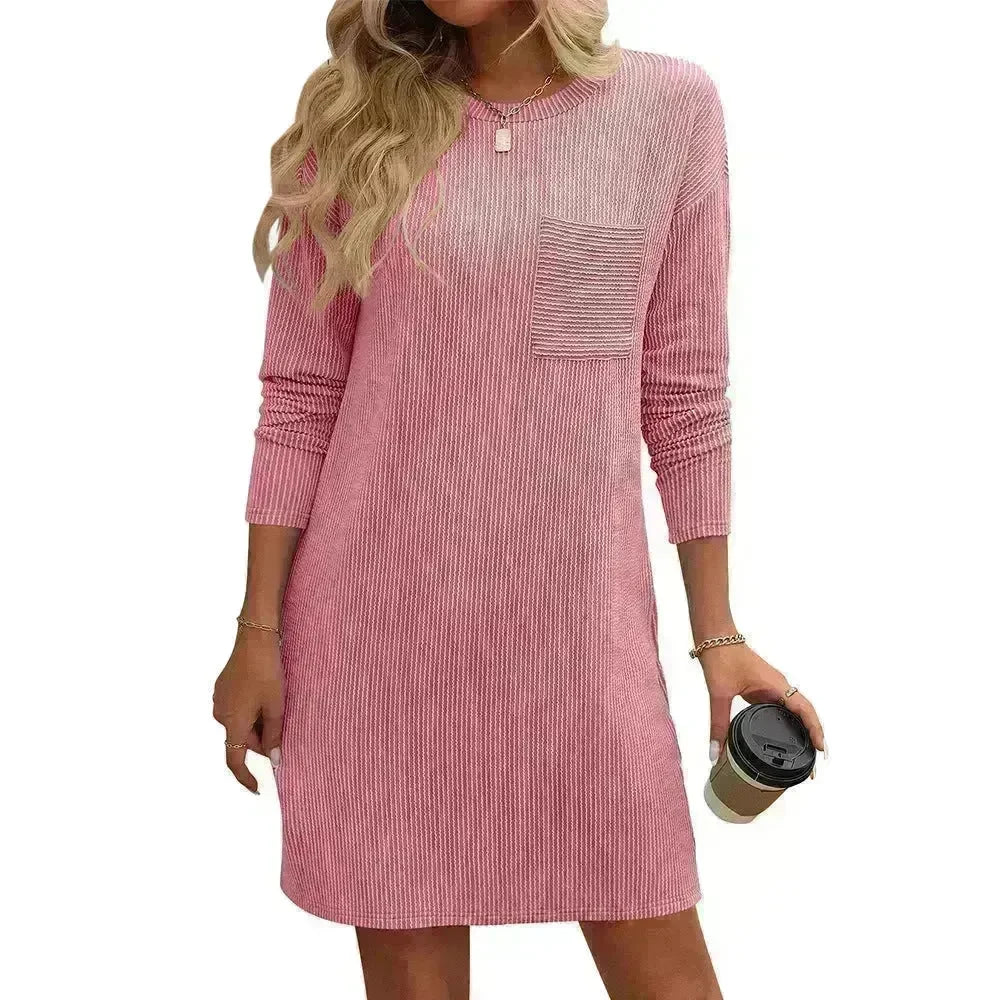 Casual New Solid Color Striped With Pockets Long Sleeve Loose Mini Dress Fashion Round Neck Straight Dress Women's Clothing - EX-STOCK CANADA