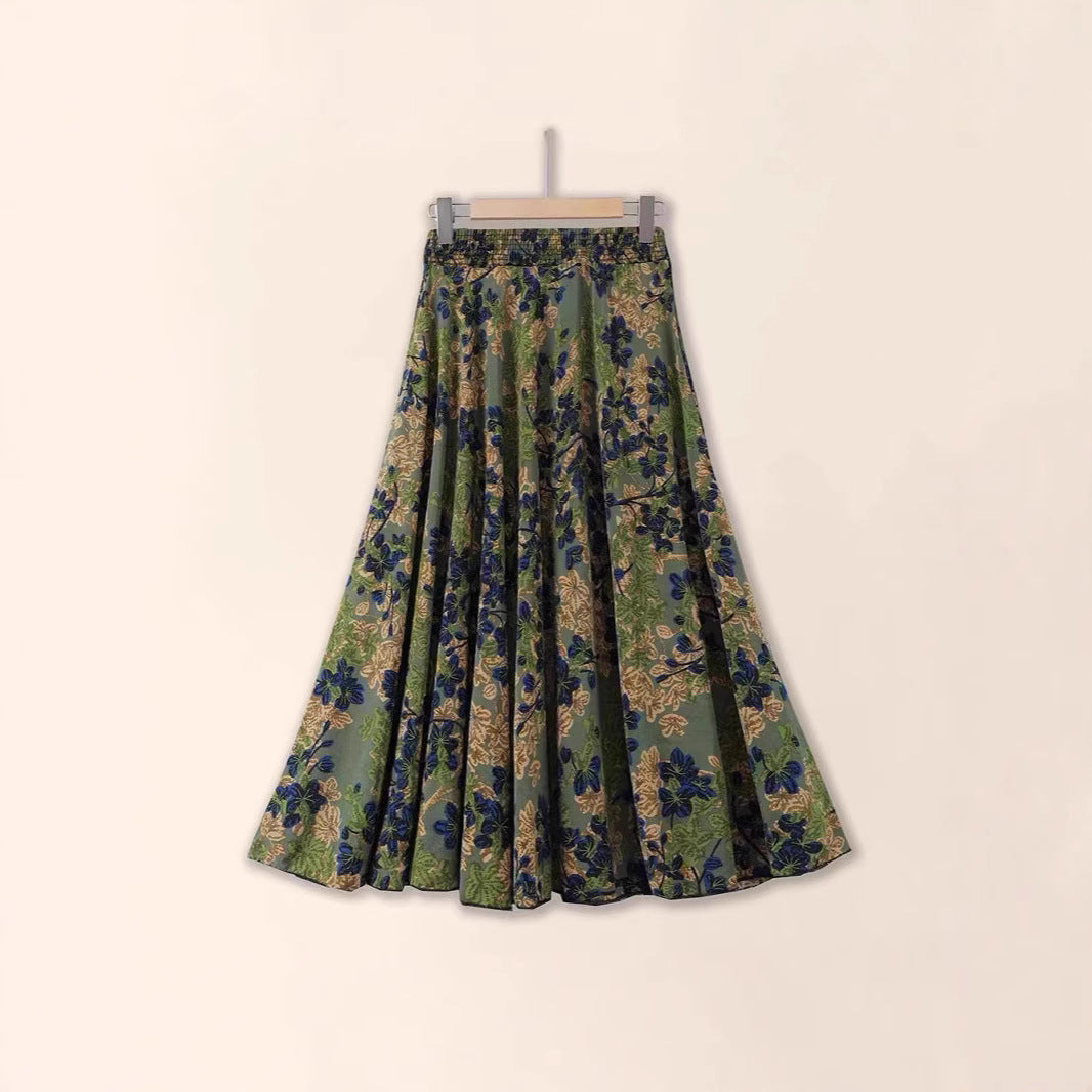 Women's Pleated Floral Midi Skirt – Ice Silk A-Line Swing Skirt | 14 Colours