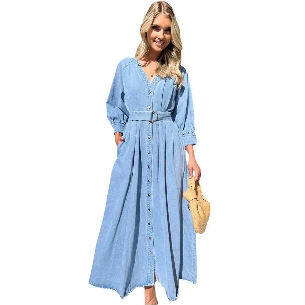 V-neck Lace-up Waist Trimming Casual Button Denim Dress - EX-STOCK CANADA