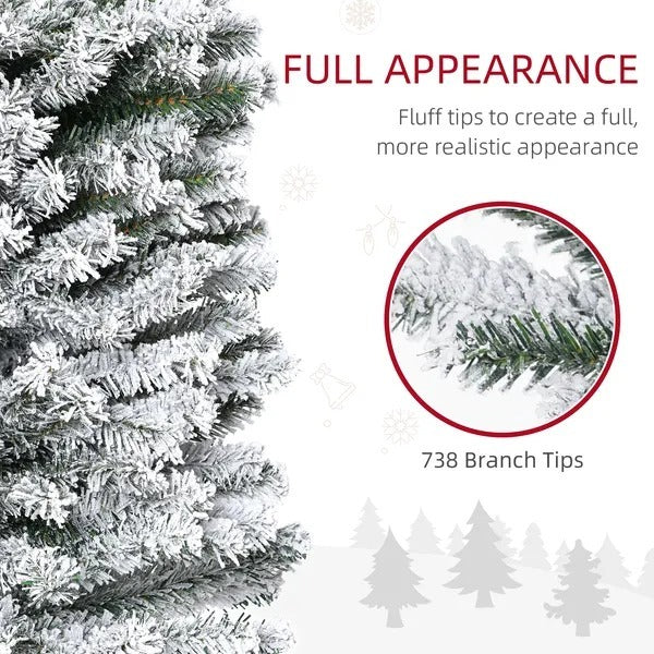 7.5ft Flocked Christmas Tree, Pencil Christmas Tree With Realistic Branch Tips, Folding Metal Stand, Green EX-STOCK Canada 