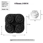 Black rose-shaped mold with measurements and a white rose for scale on a white background