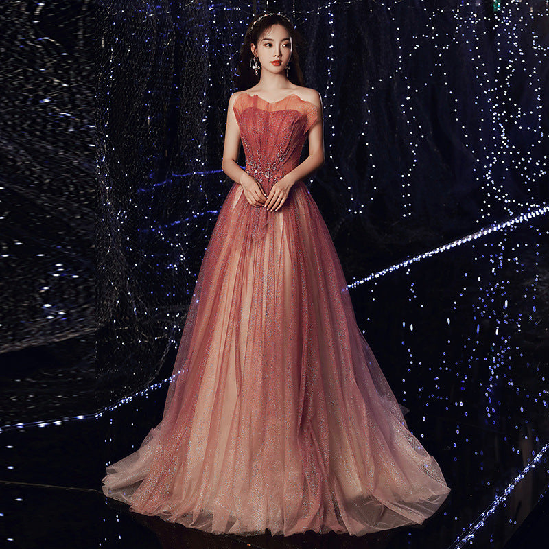 Evening Female Toast Dress Red Bridal Dinner Tube Top Long Dress Host Fairy Spirit
