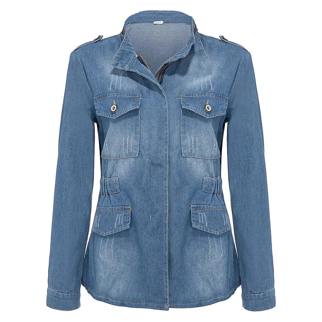 Fitted Zip up Lapel Women Denim Jacket