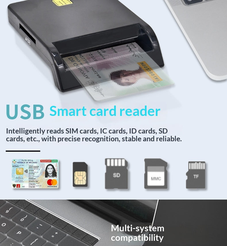 A black USB smart card reader shown reading a sample ID card, with text describing its function and icons showing supported card types like SIM cards, IC cards, SD cards, MMC, and TF. A laptop keyboard is partially visible at the bottom.