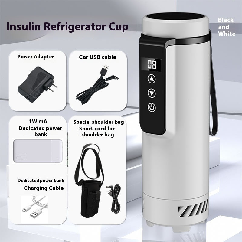 Insulin refrigerator cup with power adapter, car USB cable, and shoulder bag on a white background