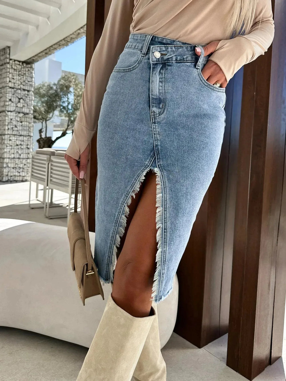 Fashion Solid Front Split Midi Denim Skirt - EX-STOCK CANADA