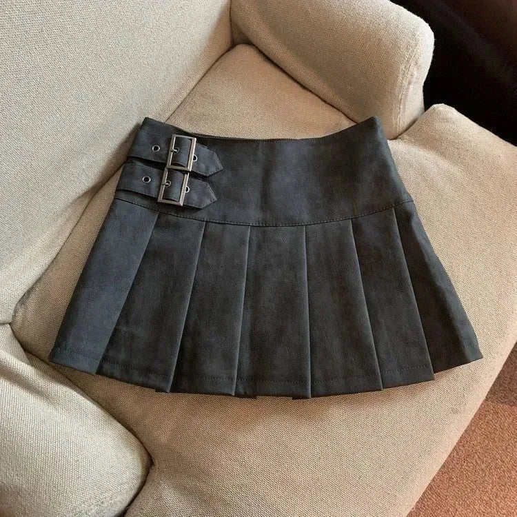 Women's American-style Vintage Mini  Pleated Leather Skirt - EX-STOCK CANADA