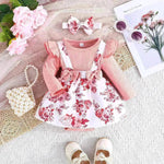 Última popular y dulce manga larga Rosa Rosa Sfalda de suspensión floral Blanca Dos piezas para niñas