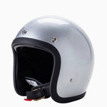 A silver metallic open-face motorcycle helmet with a black visor trim and interior padding, shown on a plain white background.