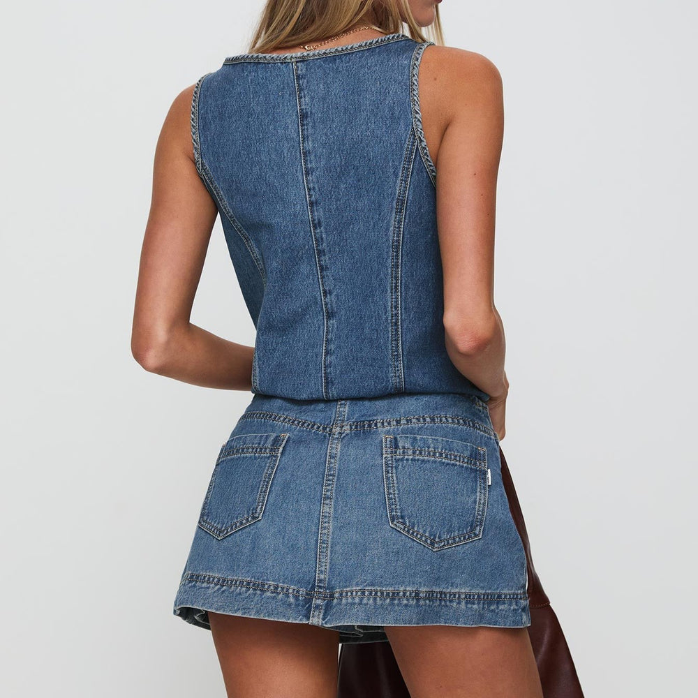 Women's Sleeveless Lace-up Denim Vest Shorts 