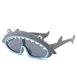 Shark-themed sunglasses with gray frame and blue accents on a white background