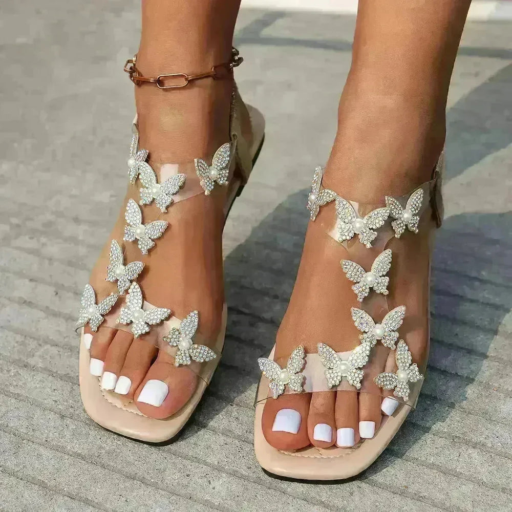 Luxury New Butterfly Rhinestone Platform Sandals Summer Square Toe Flat Shoes For Women - EX-STOCK CANADA