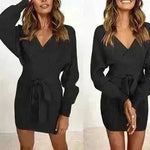 Autumn Winter Slim Fit V-neck Mini Wrap Sweater Dress - EX-STOCK CANADA