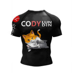 Black athletic shirt with a cat graphic and 'Cody Lundin' branding on a white background