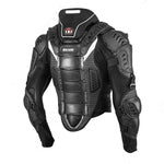 Black protective motorcycle armor jacket with integrated shoulder, elbow, and back protectors, featuring a white SLATE logo on the chest, shown against a plain white background.