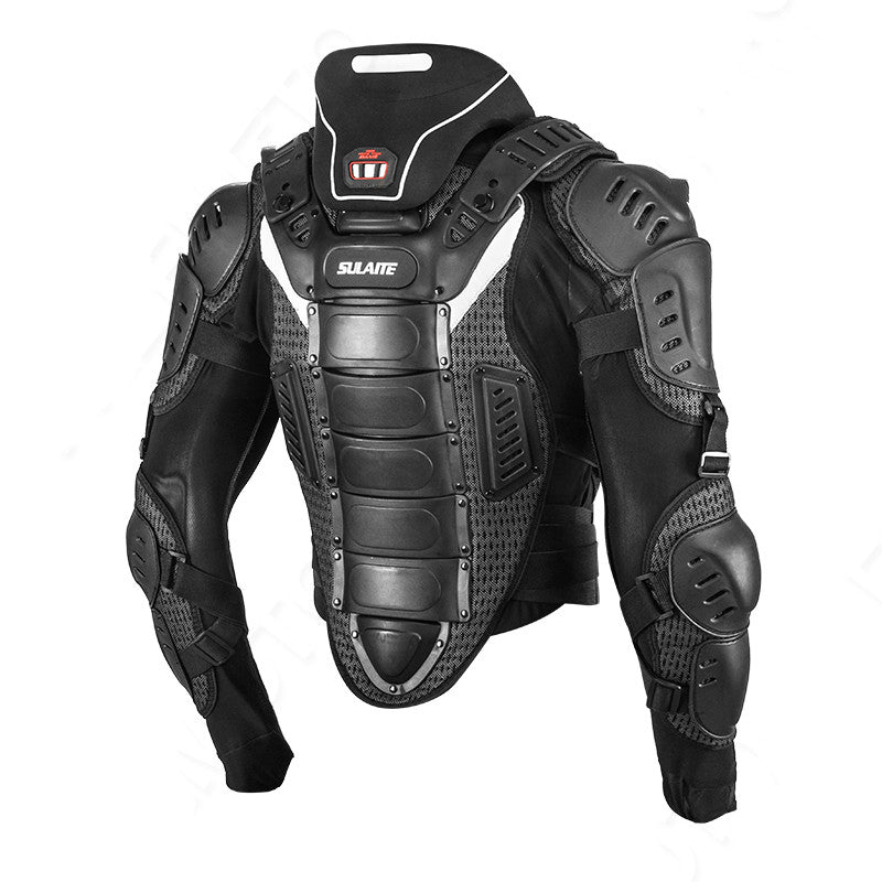 Black protective motorcycle armor jacket with integrated shoulder, elbow, and back protectors, featuring a white SLATE logo on the chest, shown against a plain white background.
