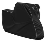 Black motorcycle cover with a brand logo on a white background