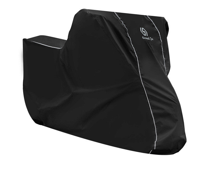 Black motorcycle cover with a brand logo on a white background