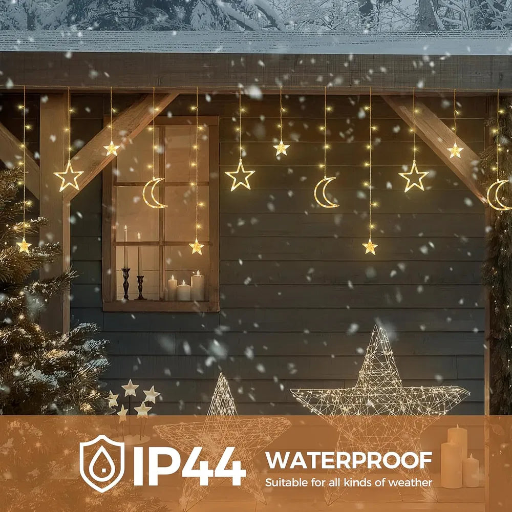 Ramadan Solar Icicle Lights,Outdoor Waterproof Moons Stars Curtain Window String With 8 Modes Timer Remote,USB Rechargeable Connectable Warm White Hanging Decor For Patio EX-STOCK Canada 