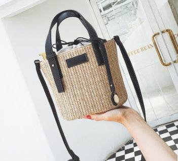 new summer women's bag hand-woven contrast color bucket straw bag cylinder handbag diagonal shoulder beach bag EX-STOCK Canada 