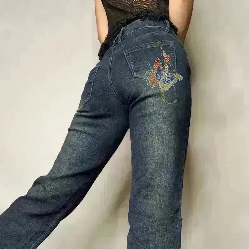 Fashion Women's Sexy High Waist Retro Individual Butterfly Print Bootcut Jeans - EX-STOCK CANADA