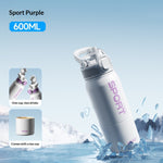 A 600ML insulated water bottle in Sport Purple, shown tilted in a snowy outdoor scene with ice shards around it. The bottle is light purple with a gray lid and purple 'SPORT' branding.