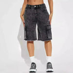 Fashion Street Washed Frayed Hem Women's Denim Straight Short Pants Black Jeans shorts for women