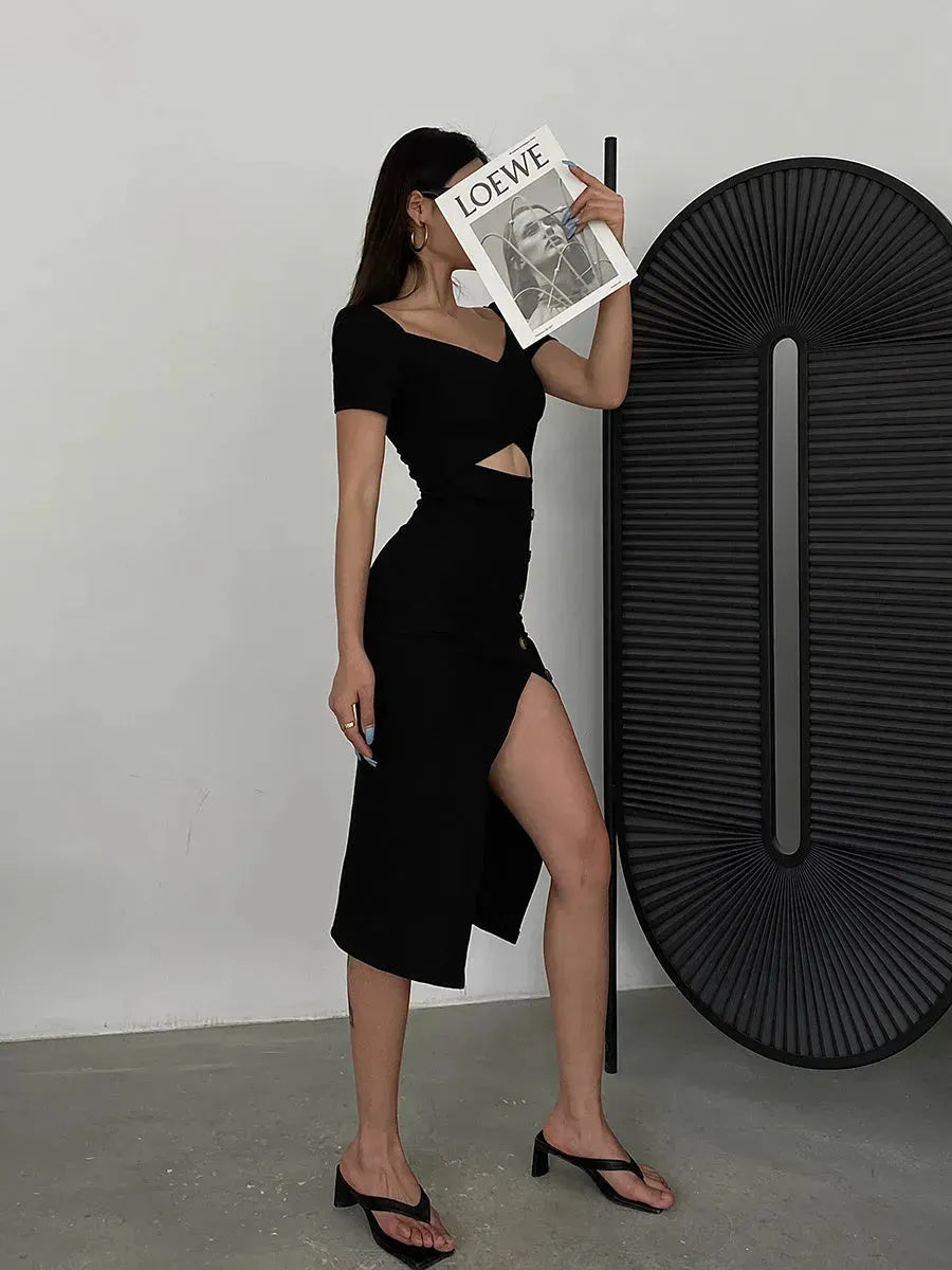 Slim And Hollow Niche Design High Slit Bag Hip Midi dress - EX-STOCK CANADA