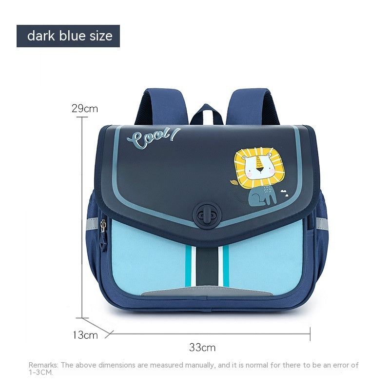 Dark blue children's backpack with measurements on a white background
