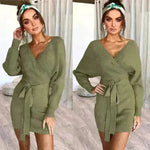 Autumn Winter Slim Fit V-neck Mini Wrap Sweater Dress - EX-STOCK CANADA