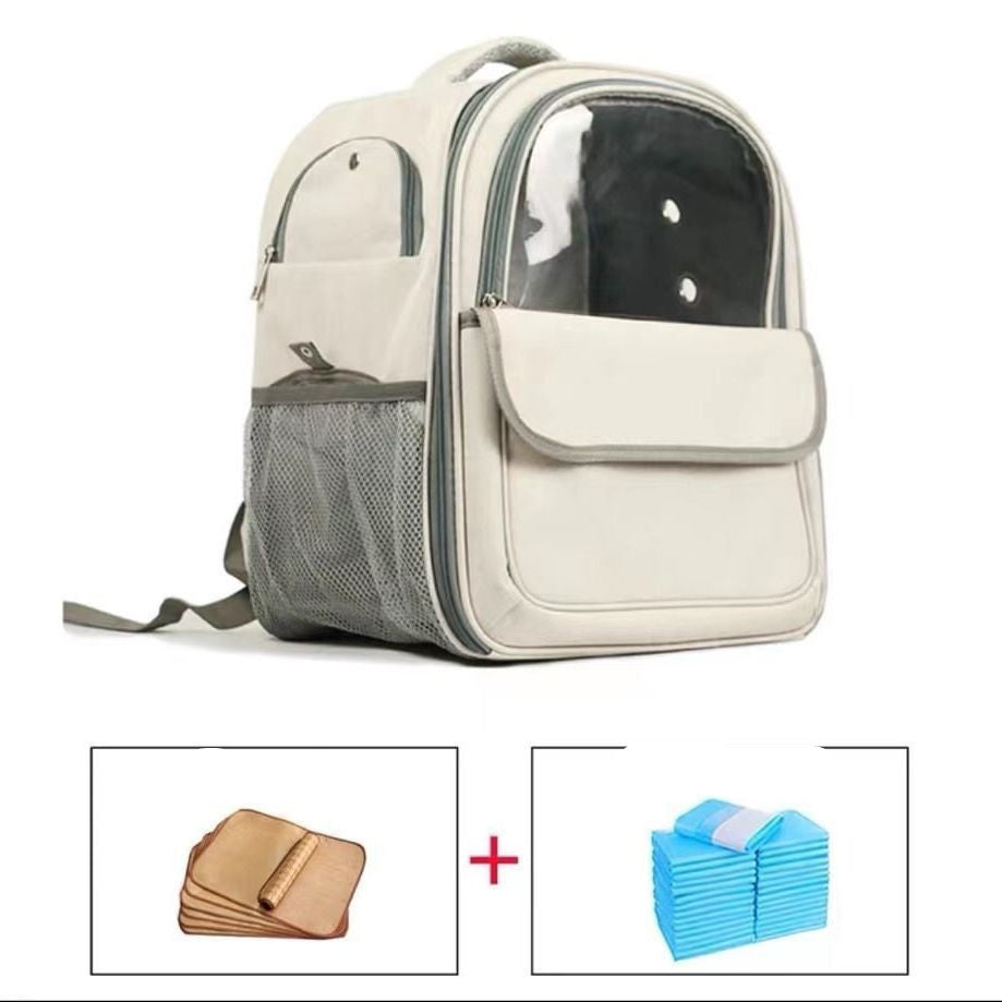 Pet carrier backpack with additional items on a white background