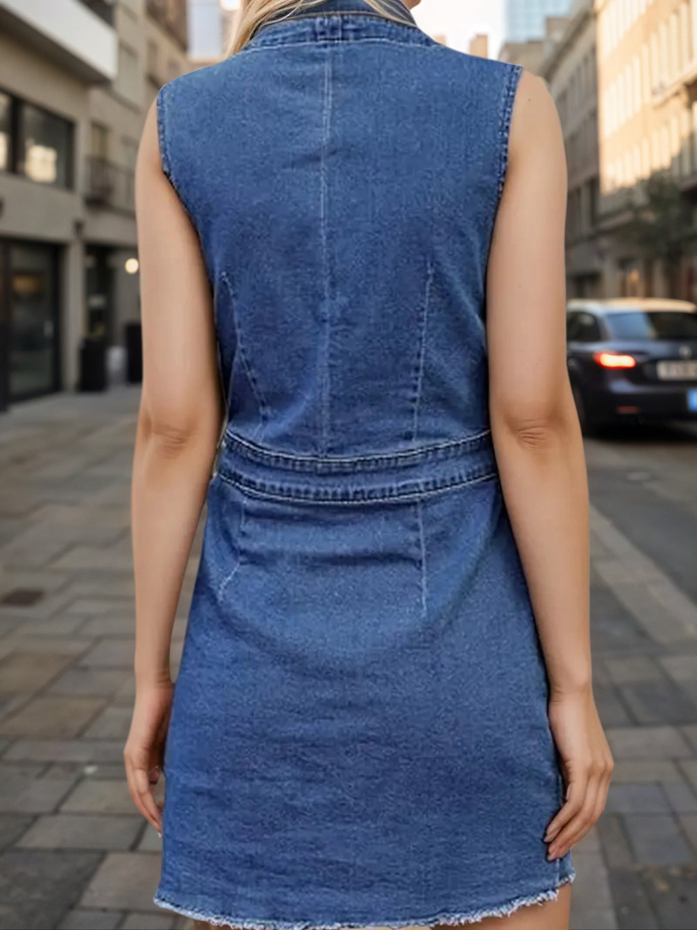 Women’s Fashion Trend Sleeveless Dress, V-neck Design - Button Detail Frayed Hem Denim Skirt 