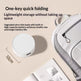 Small round device with text about one-key quick folding and lightweight storage on a beige background.