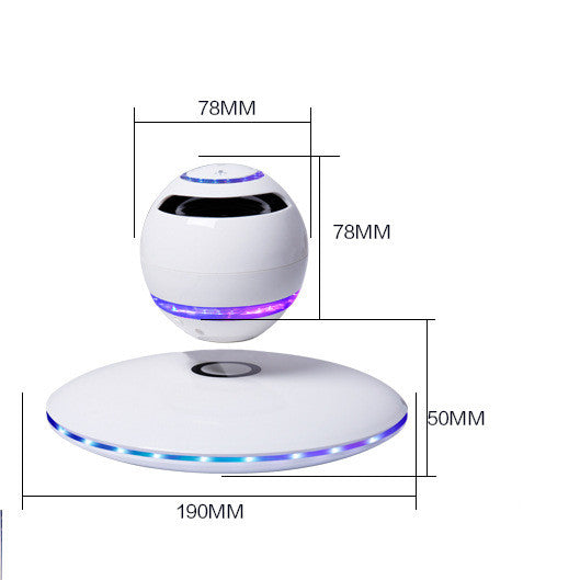 Levitating Bluetooth speaker with dimensions labeled on a white background