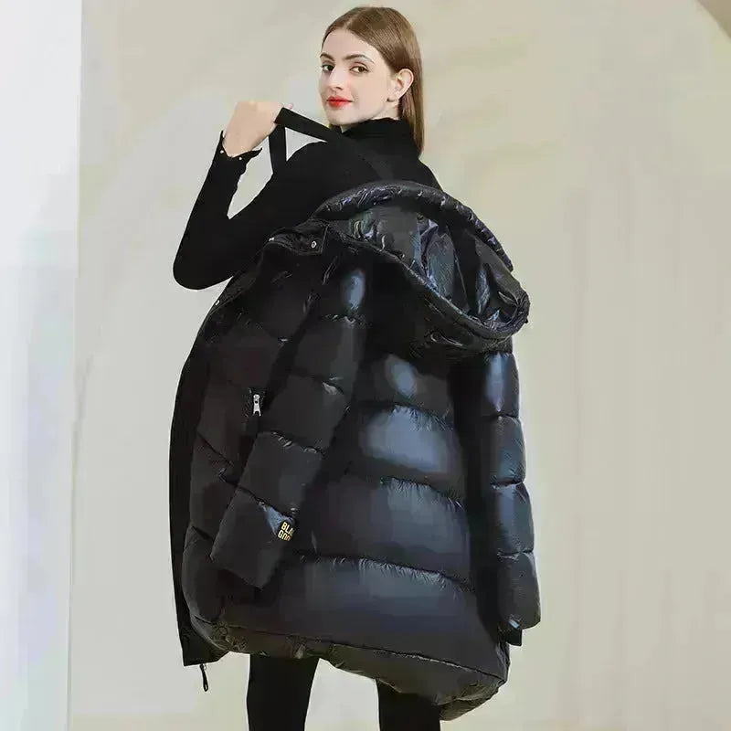 Winter Warm Hooded Coat With Pockets Fashion Simple Long Cotton Jacket Solid Color Outwear Women's Clothing
