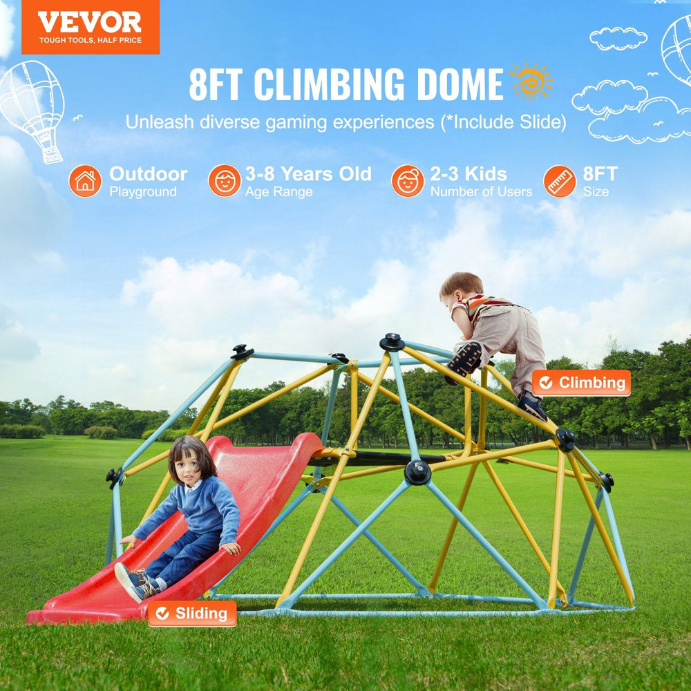 Climbing Dome, For Kids 3 To 9 Years Old, 8FT Geometric Dome Climber With Slide,Jungle Gym Supports 600LBS And Easy Assembly, With Climbing Grip, Outdoor And Indoor Play Equipment For Kids EX-STOCK